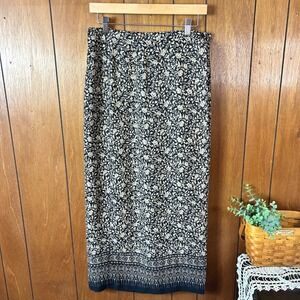 Vintage Emma James Maxi Skirt Black Beige Floral Print Border Print Size 10 Boho